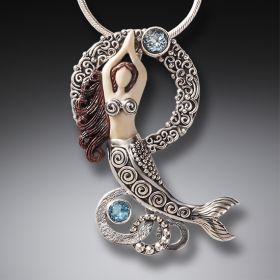 Ancient Ivory Mermaid Necklace Silver with Blue Topaz, Handmade - <b>Dancing Mermaid</b>
