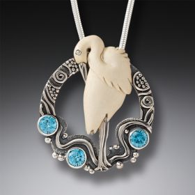 Mammoth Ivory Bird Necklace with Blue Topaz, Handmade Silver - <b>Egret in Flow</b>