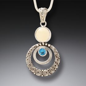 Fossilized Walrus Ivory Silver Blue Topaz Pendant Necklace, Handmade - <b>Ripples</b>