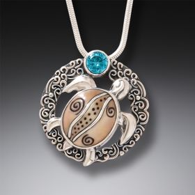 Ancient Mammoth Ivory and Blue Topaz Silver Turtle Pendant - <b>Ocean Dreams</b>