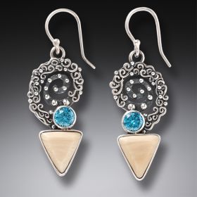 Ancient Mammoth Ivory Silver Spiral Earrings with Blue Topaz - <b>Winds of Change</b>