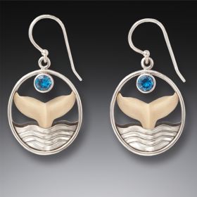 Fossilized Ivory, Silver, Topaz Whale Tail Earrings - <b>Whale Song</b>
