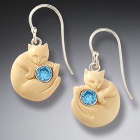 Fossilized mammoth ivory cat earrings with blue topaz - <b>Cozy Cats</b>