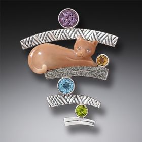 Fossilized Walrus Ivory Cat Pendant Silver with Amethyst, Citrine, Blue Topaz, and Peridot - <b>Cat with Gems</b>
