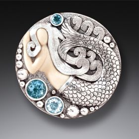 Mammoth Ivory Tusk Mermaid Pin or Pendant with Rainbow Moonstone and Blue Topaz - <b>Mermaid Medallion</b>