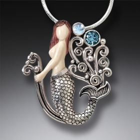 Mammoth Ivory Jewelry Silver Mermaid Necklace with Rainbow Moonstone and Blue Topaz - <b>Mermaid Joy</b>
