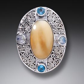 Fossilized Walrus Tusk Ivory Aura Necklace with Rainbow Moonstone and Blue Topaz - <b>Auric Dance</b>