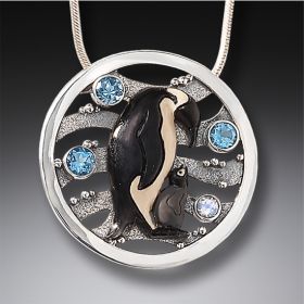 Mammoth Tusk Ivory Penguin Necklace Silver with Rainbow Moonstone and Blue Topaz - <b>Devotion</b>