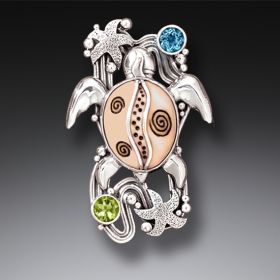 Silver Sea Turtle Fossilized Walrus Ivory Pin with Peridot and Blue Topaz - <b>On the Beach</b>