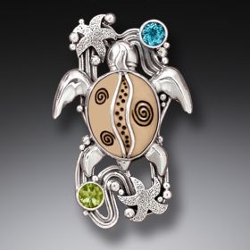 Silver Sea Turtle Mammoth Ivory Pin or Pendant with Peridot and Blue Topaz - <b>On the Beach</b>