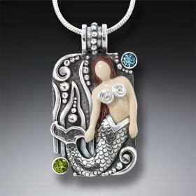 Mammoth Tusk Ivory Silver Mermaid Pendant with Blue Topaz, Handmade - <b>Mermaid Waves</b>