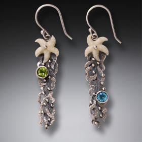 Fossilized Walrus Ivory Dangling Starfish Earrings Silver with Peridot and Blue Topaz - <b>Sea Garden</b>