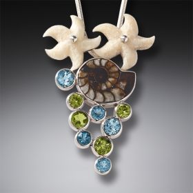 Fossilized Walrus Tusk Moroccan Ammonite Starfish Necklace Silver with Peridot and Blue Topaz - <b>Beachcombing</b>  