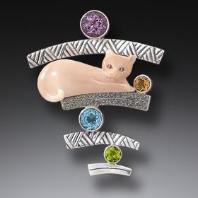 Mammoth Ivory Cat Pendant Silver with Amethyst, Citrine, Blue Topaz, and Peridot - <b>Cat with Gems</b>
