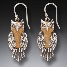sterling silver owl earrings, fossilized ivory