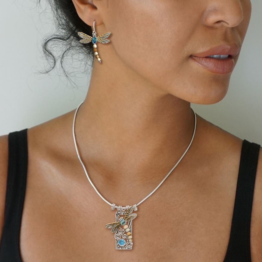 Silver Dragonfly Pendant Paua Jewelry with Mammoth Ivory, Blue