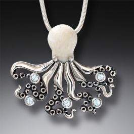 Fossilized Walrus Ivory and Rainbow Moonstone Silver Octopus Pendant ...