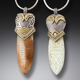 Handmade Silver Fossilized Walrus Ivory Maori Design Pendant Necklace - Maori Spear