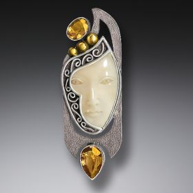 Enigma Pendant or Mammoth Ivory Pin, Citrine and Handmade Silver - Enigma 