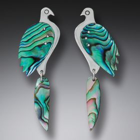 Handmade Silver Birds Paua Earrings - Birds