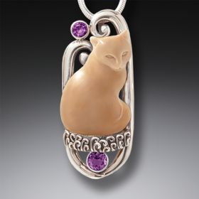 Fossilized Mammoth Ivory, Silver, Amethyst cat pendant - Companion