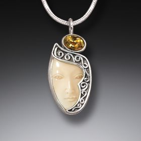 Mammoth Ivory Goddess Enigma Necklace with Citrine, Handmade Silver - Enigma