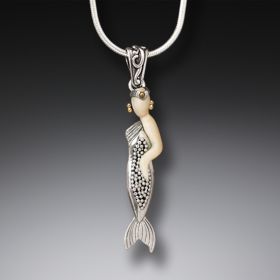 Mammoth Ivory Tusk Silver Mermaid Necklace with 14kt Gold Fill - Delicate Mermaid