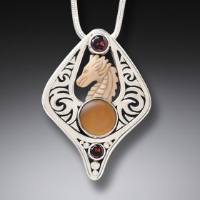 Ancient Mammoth Ivory and Garnet Silver Dragon Pendant – Dragon Fire 