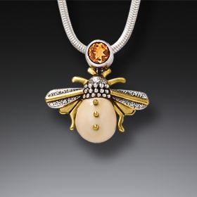 Fossilized Mammoth Ivory and Silver Pendant - Honeybee