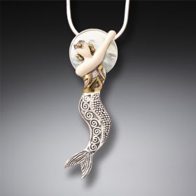 Mammoth Tusk Ivory Silver Mermaid Necklace, Mother of Pearl and 14kt Gold Fill - Mermaid Moon
