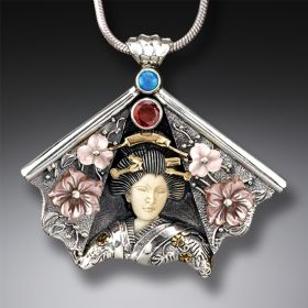 Ancient Ivory Mother of Pearl Geisha Necklace with Garnet, Opal, 14kt Gold Fill - Fan Geisha II