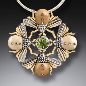 Mammoth Jewelry Four Bees Necklace, 14kt Gold Fill and Peridot - Bee Mandala