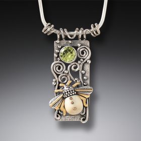 Mammoth Ivory Jewelry Silver Bee Pendant, 14kt Gold Fill and Peridot - Bee Free