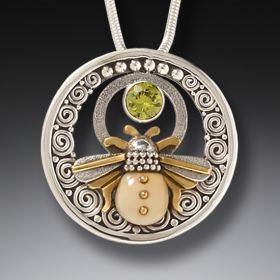 Mammoth Ivory Jewelry Bee Pendant Necklace with Peridot and Handmade Silver - Bee Inspired