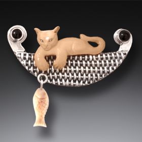 Mammoth Ivory Cat Pendant Silver and Ivory Pin - Cat with Fish