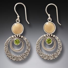 Fossilized Walrus Ivory Handmade Silver Dangling Earrings with Peridot - Ripples