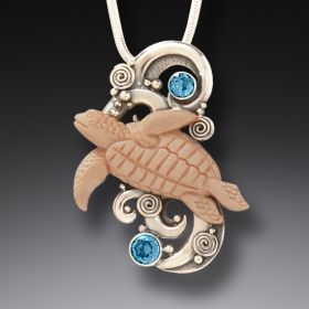 Mammoth Ivory Tusk Silver Sea Turtle Necklace, Handmade - Turtle Spirit