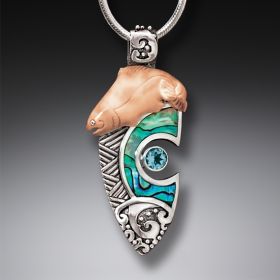 Fossilized Walrus Tusk Fish Necklace Silver with Paua and Blue Topaz, Handmade Silver - Ocean Dreaming