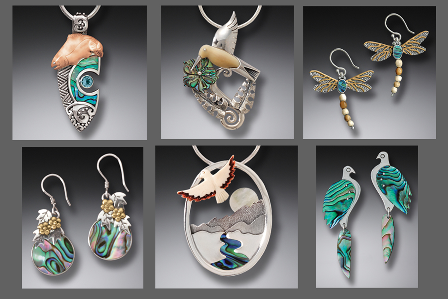 Radiant examples of paua shell jewelry featured in Zealandia Designs jewelry.