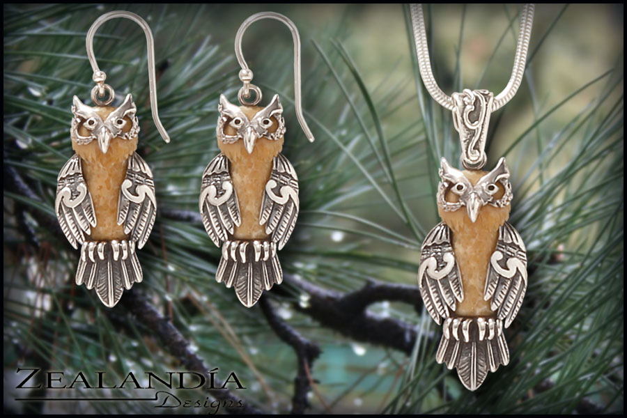 Owl Jewelry - Hand carved walrus ivory earrings and matching pendant